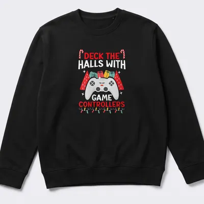Colorful festive design with game controllers and holiday text — printed on a unisex sweatshirt