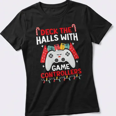 Colorful festive design with game controllers and holiday text — printed on a women's shirt
