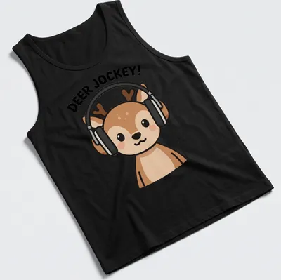 Kawaii cartoon deer DJ with headphones and turntables under bold text — printed on a tank top