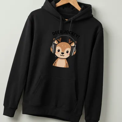 Kawaii cartoon deer DJ with headphones and turntables under bold text — printed on a unisex hoodie