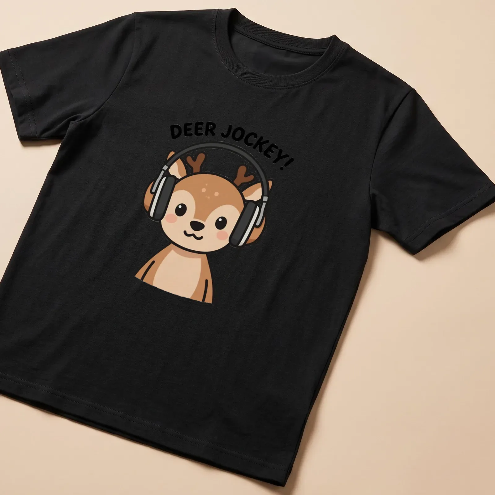 Kawaii cartoon deer DJ with headphones and turntables under bold text — printed on a unisex t-shirt