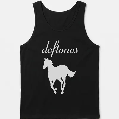 Minimalist horse silhouette with the word deftones in white — printed on a tank top