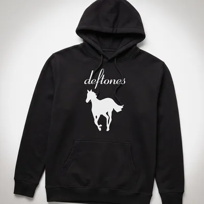 Minimalist horse silhouette with the word deftones in white — printed on a unisex hoodie