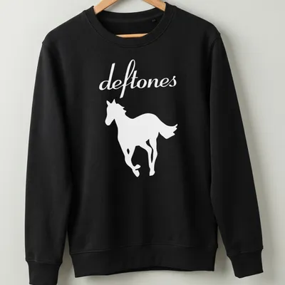 Minimalist horse silhouette with the word deftones in white — printed on a unisex sweatshirt