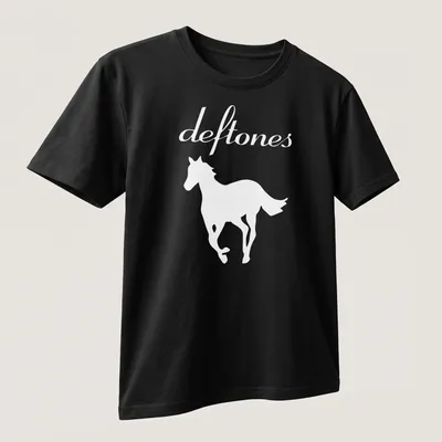 Minimalist horse silhouette with the word deftones in white — printed on a unisex t-shirt (angled view)