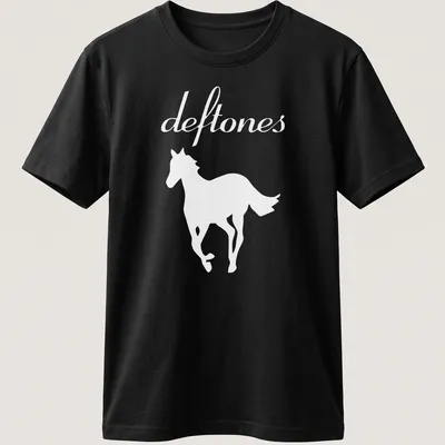 Minimalist horse silhouette with the word deftones in white — printed on a unisex t-shirt