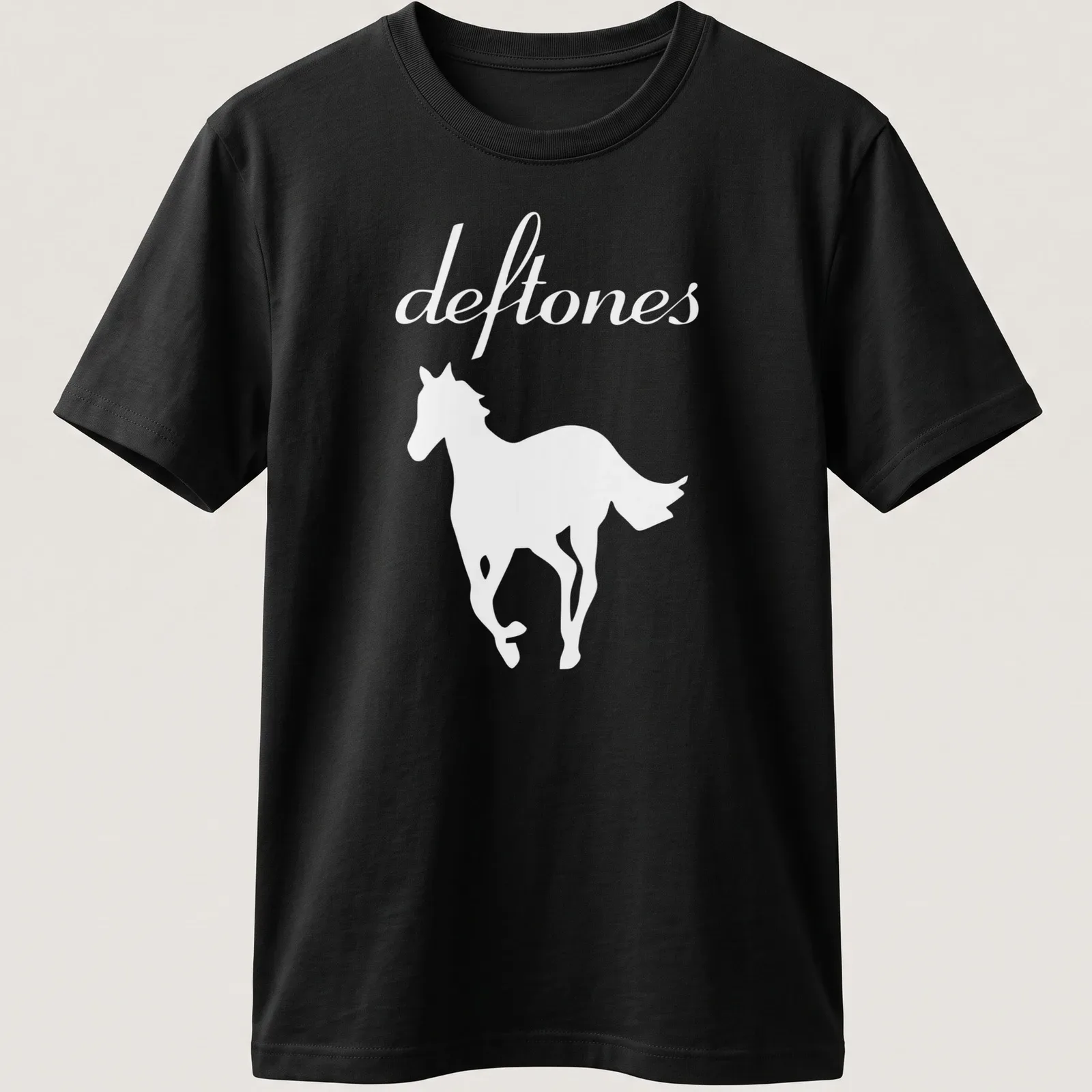 Minimalist horse silhouette with the word deftones in white — printed on a unisex t-shirt