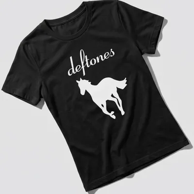 Minimalist horse silhouette with the word deftones in white — printed on a women's shirt