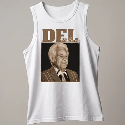 Vintage T-shirt featuring Del McCoury in brown and beige tones — printed on a tank top