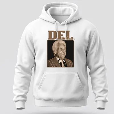 Vintage T-shirt featuring Del McCoury in brown and beige tones — printed on a unisex hoodie