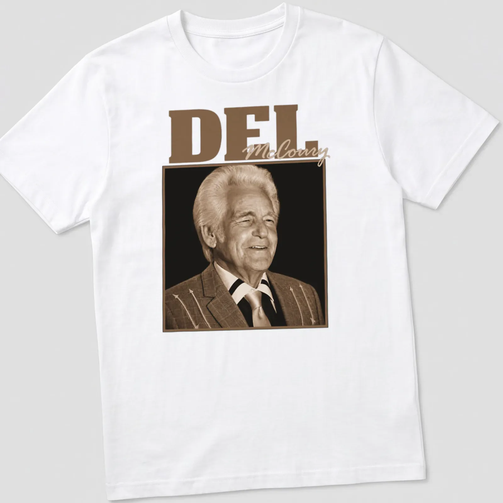Vintage T-shirt featuring Del McCoury in brown and beige tones — printed on a unisex t-shirt