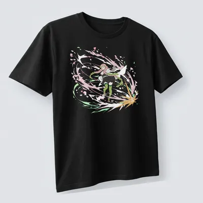 Anime-style shirt featuring a female character from Demon Slayer in vibrant colors — printed on a unisex t-shirt (angled view)
