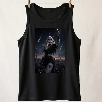 Dark fantasy illustration of a demon with long hair beneath a meteor shower — printed on a tank top
