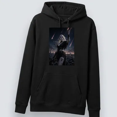 Dark fantasy illustration of a demon with long hair beneath a meteor shower — printed on a unisex hoodie