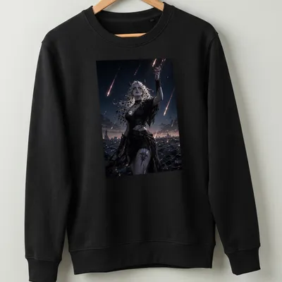 Dark fantasy illustration of a demon with long hair beneath a meteor shower — printed on a unisex sweatshirt