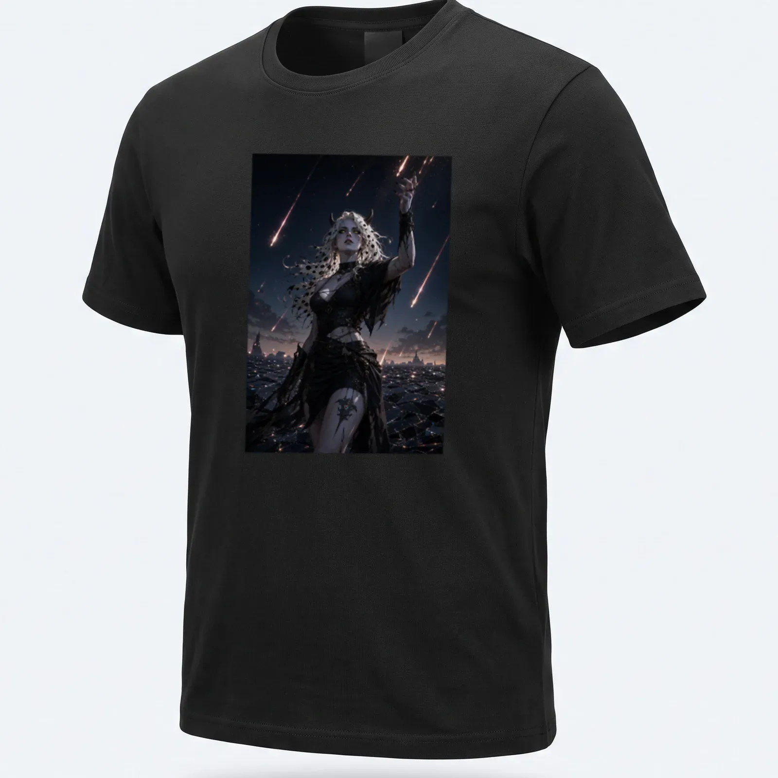Dark fantasy illustration of a demon with long hair beneath a meteor shower — printed on a unisex t-shirt