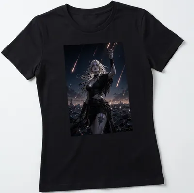 Dark fantasy illustration of a demon with long hair beneath a meteor shower — printed on a women's shirt