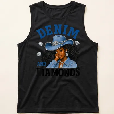 Illustration of a cowgirl with curly hair in a denim hat and vibrant colors — printed on a tank top