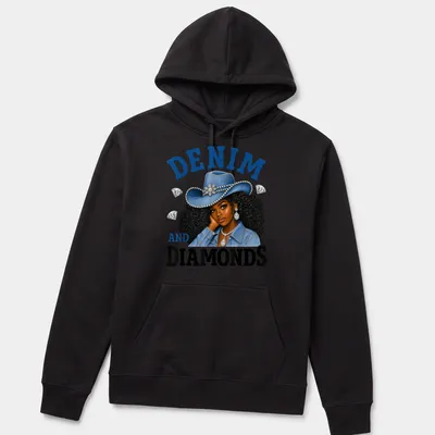 Illustration of a cowgirl with curly hair in a denim hat and vibrant colors — printed on a unisex hoodie