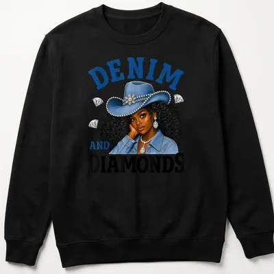 Illustration of a cowgirl with curly hair in a denim hat and vibrant colors — printed on a unisex sweatshirt
