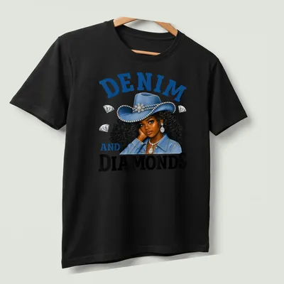 Illustration of a cowgirl with curly hair in a denim hat and vibrant colors — printed on a unisex t-shirt (angled view)