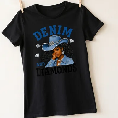 Illustration of a cowgirl with curly hair in a denim hat and vibrant colors — printed on a women's shirt