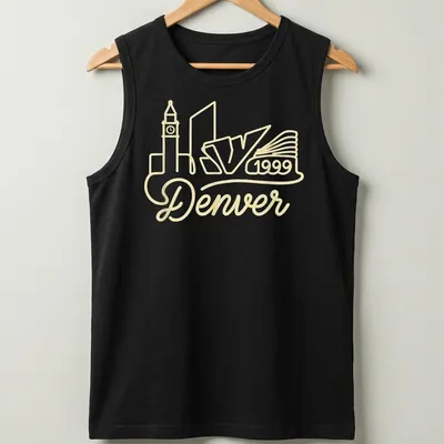 Neon rope art of Denver skyline with 'Denver 1999' text in yellow and white. — printed on a tank top