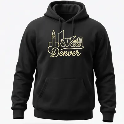 Neon rope art of Denver skyline with 'Denver 1999' text in yellow and white. — printed on a unisex hoodie