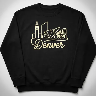 Neon rope art of Denver skyline with 'Denver 1999' text in yellow and white. — printed on a unisex sweatshirt
