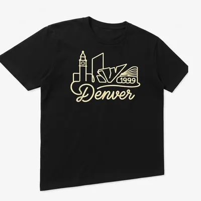 Neon rope art of Denver skyline with 'Denver 1999' text in yellow and white. — printed on a unisex t-shirt (angled view)