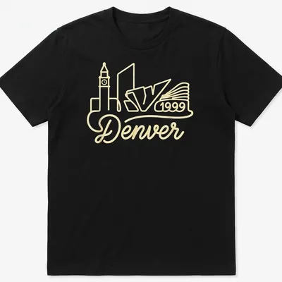Neon rope art of Denver skyline with 'Denver 1999' text in yellow and white.