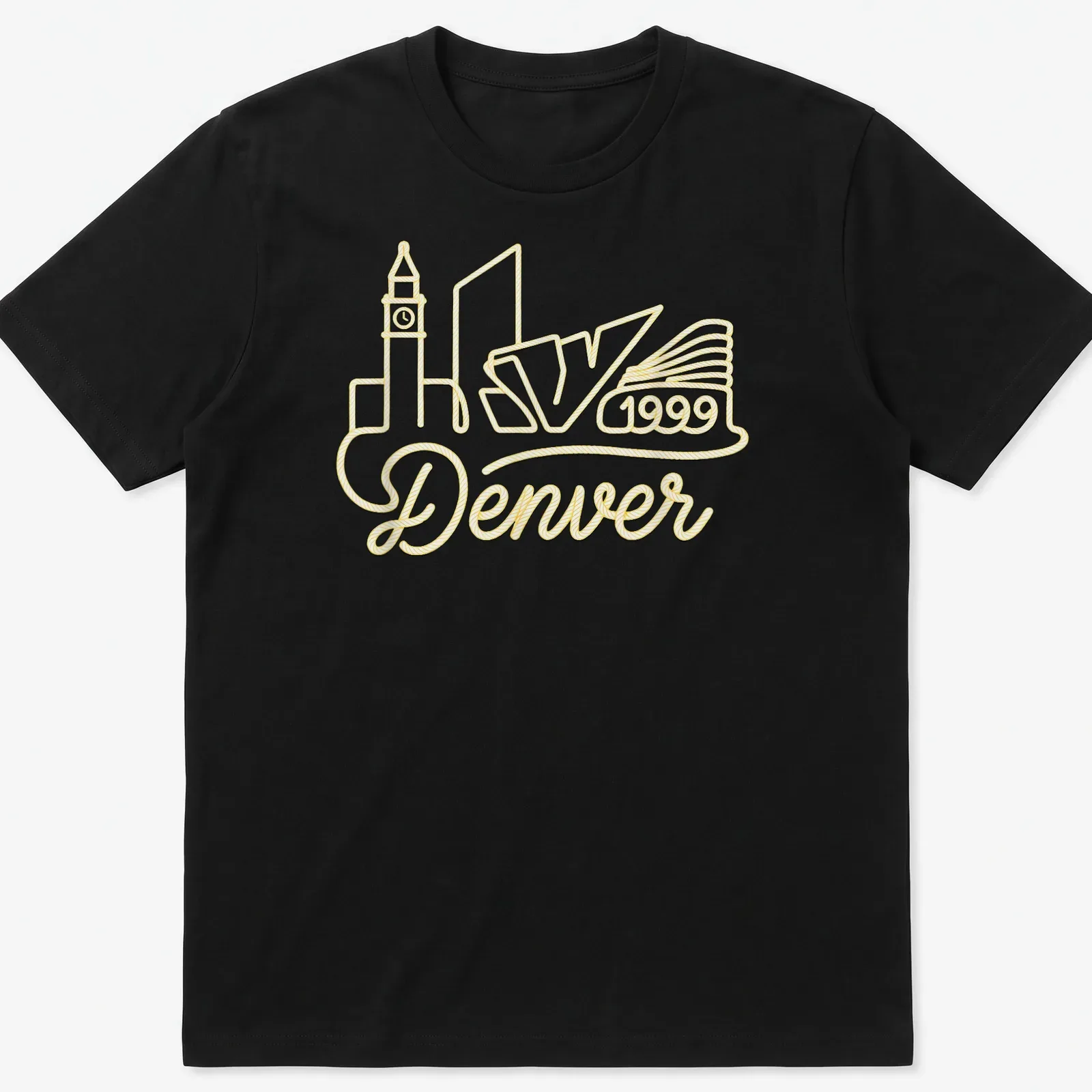Neon rope art of Denver skyline with 'Denver 1999' text in yellow and white. — printed on a unisex t-shirt