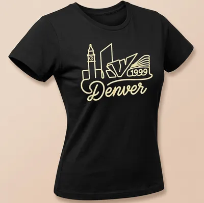 Neon rope art of Denver skyline with 'Denver 1999' text in yellow and white. — printed on a women's shirt