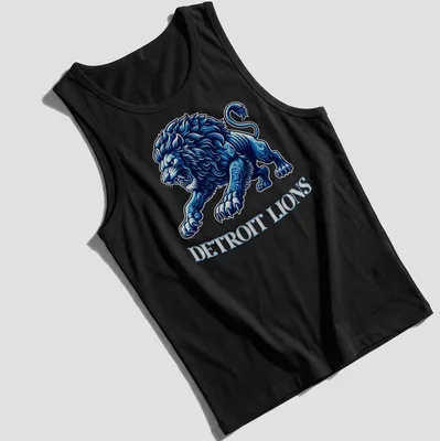 Detailed illustration of a lion with Detroit Lions text in blue, white, and black — printed on a tank top