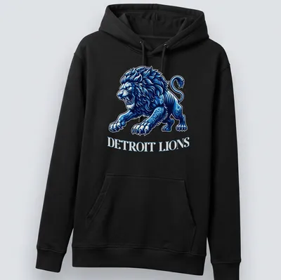 Detailed illustration of a lion with Detroit Lions text in blue, white, and black — printed on a unisex hoodie