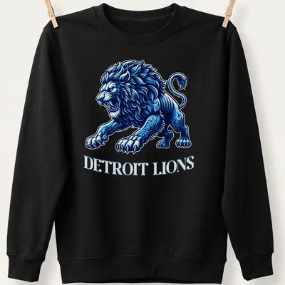 Detailed illustration of a lion with Detroit Lions text in blue, white, and black — printed on a unisex sweatshirt