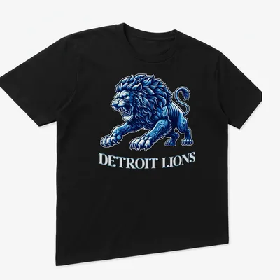 Detailed illustration of a lion with Detroit Lions text in blue, white, and black — printed on a unisex t-shirt (angled view)