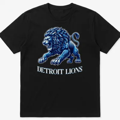Detailed illustration of a lion with Detroit Lions text in blue, white, and black — printed on a unisex t-shirt