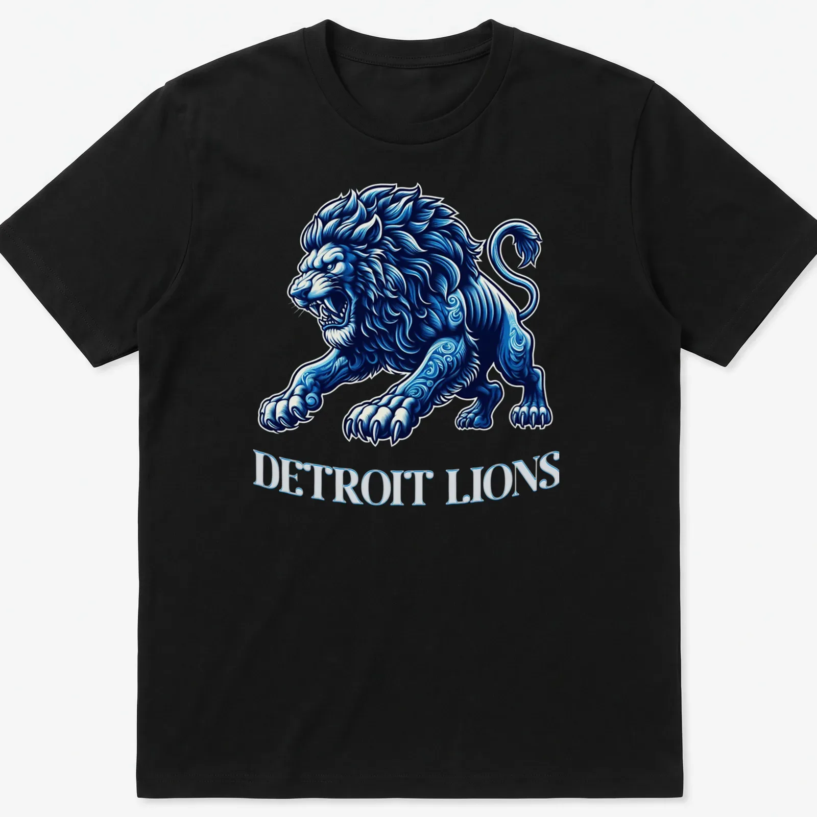 Detailed illustration of a lion with Detroit Lions text in blue, white, and black — printed on a unisex t-shirt