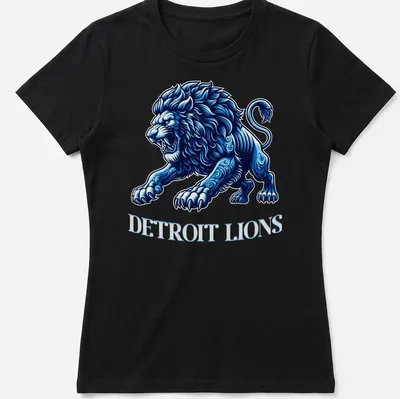 Detailed illustration of a lion with Detroit Lions text in blue, white, and black — printed on a women's shirt