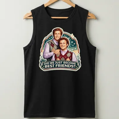 Vintage illustration of two smiling friends with playful text saying 'Did We Just Become Best Friends?' — printed on a tank top