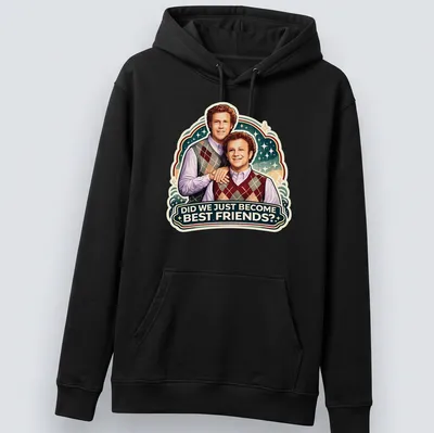 Vintage illustration of two smiling friends with playful text saying 'Did We Just Become Best Friends?' — printed on a unisex hoodie