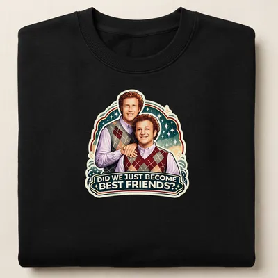 Vintage illustration of two smiling friends with playful text saying 'Did We Just Become Best Friends?' — printed on a unisex sweatshirt
