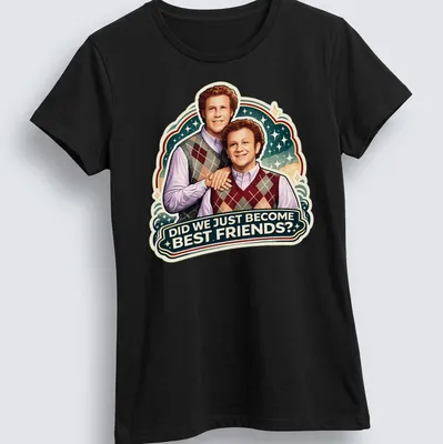 Vintage illustration of two smiling friends with playful text saying 'Did We Just Become Best Friends?' — printed on a women's shirt