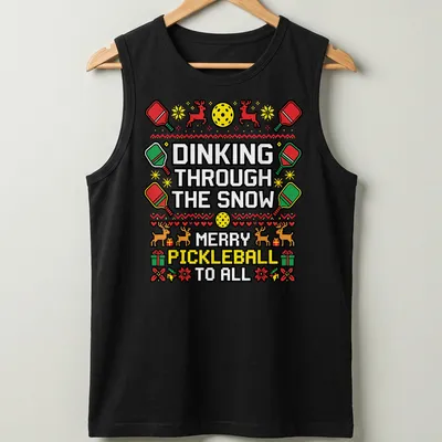 Ugly Christmas sweater design featuring pickleball paddles and reindeer — printed on a tank top