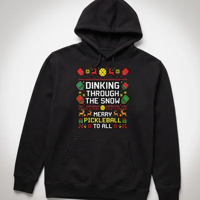 Ugly Christmas sweater design featuring pickleball paddles and reindeer — printed on a unisex hoodie
