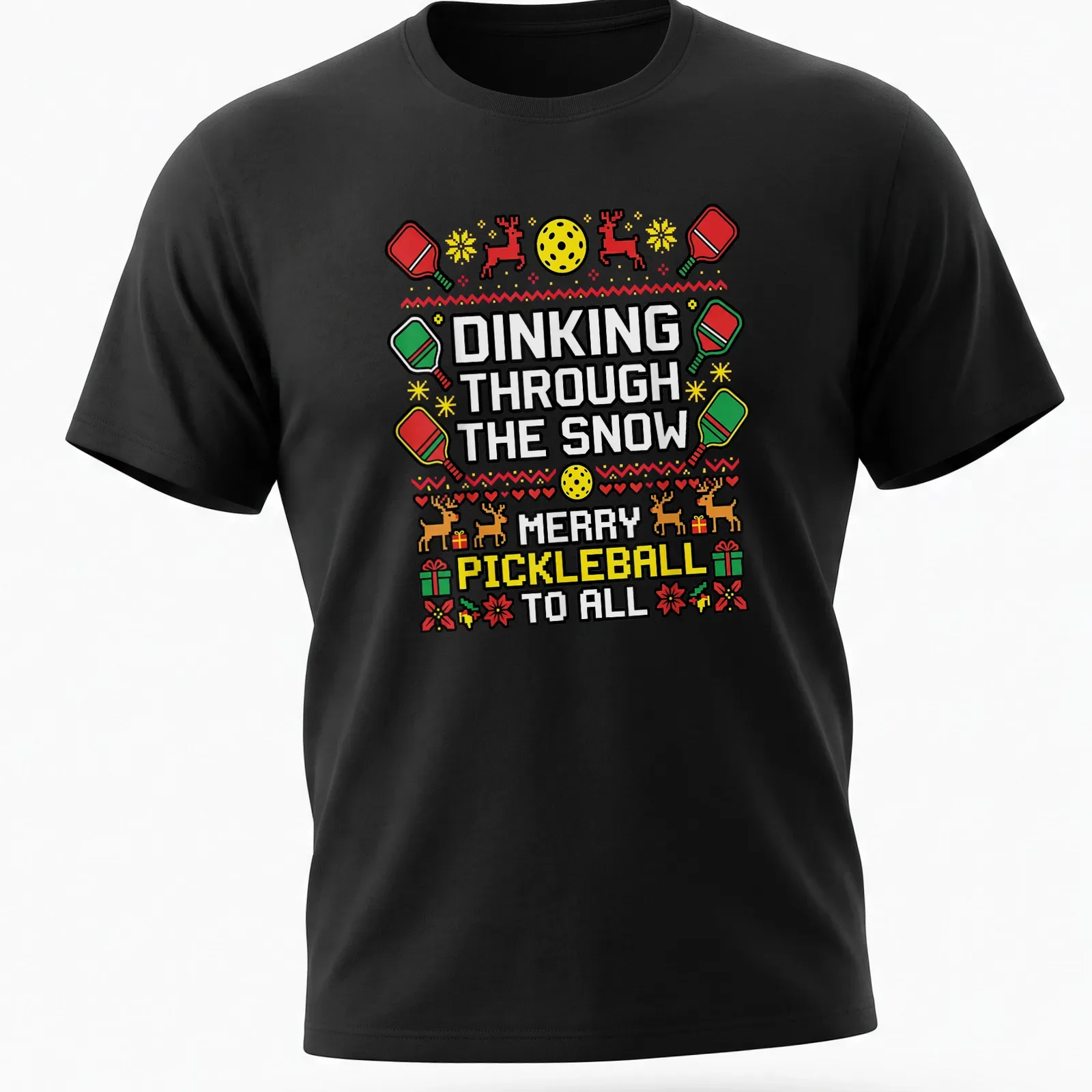 Ugly Christmas sweater design featuring pickleball paddles and reindeer — printed on a unisex t-shirt