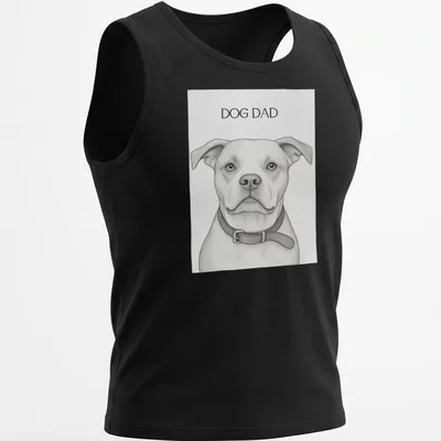 Sketch-style Dog Dad t-shirt featuring a playful dog illustration in monochrome — printed on a tank top