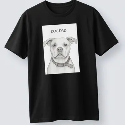 Sketch-style Dog Dad t-shirt featuring a playful dog illustration in monochrome — printed on a unisex t-shirt