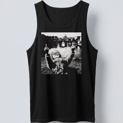 Distressed print of a playful doll face in black and white — printed on a tank top